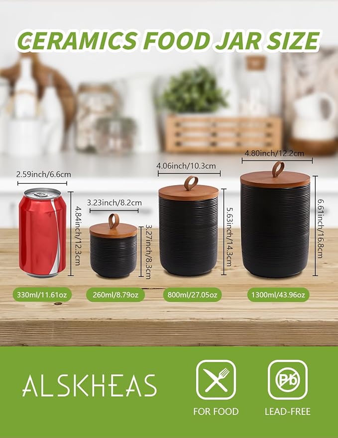 Ceramic Canister with Airtight Seal Lid, Kitchen Canisters for Countertop, Black Food Storage Jar for Flour, Coffee Bean, Sugar, Tea, Spices and More, Home Decor (800ml/27.05oz)