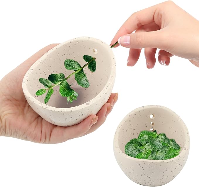 Pottery Herb Stripper Bowl, Handmade Ceramic Herb Peeling Cup with Different Hole Sizes for Separating Leaves and Stems(Color:White)