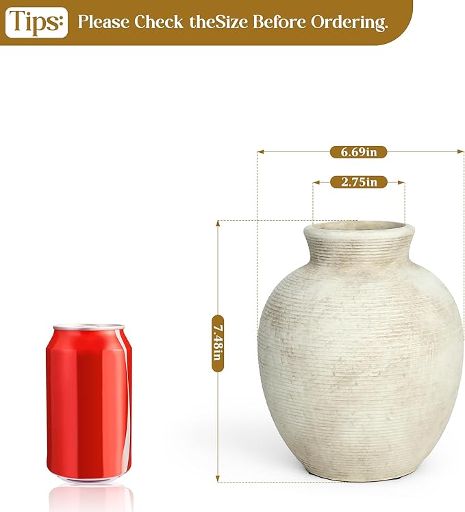 Ceramic Flower Vase Home Decor - 7.4 Inch Vintage Ceramic Vase Large Vases for Decor Living Room Large Ceramic Vase for Dining Room Bathroom Indoor and Outdoor Decoration