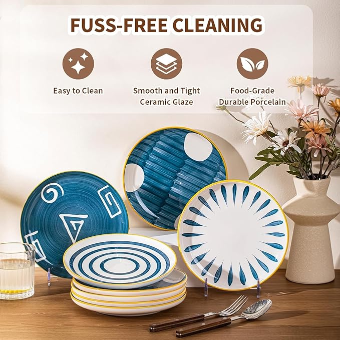 Yeacccng Japandi Dinner Plates Set of 4, 8 Inch 10 Oz Blue Striped Ceramic Plates, Shallow Salad Plates, Lead-Free Cadmium-Free, Dishwasher Microwave Oven Safe, Scratch-Resistant Serving Plates