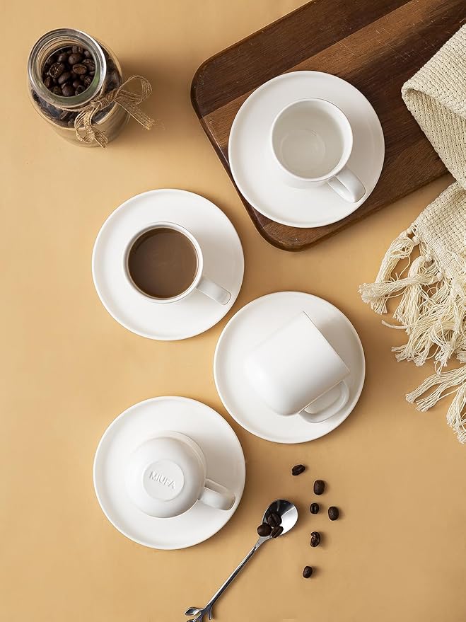 Set of 4 Espresso Cups And Saucers In Stronger Porcelain 3.5oz,Mini Coffee Mugs Demitasse Cups