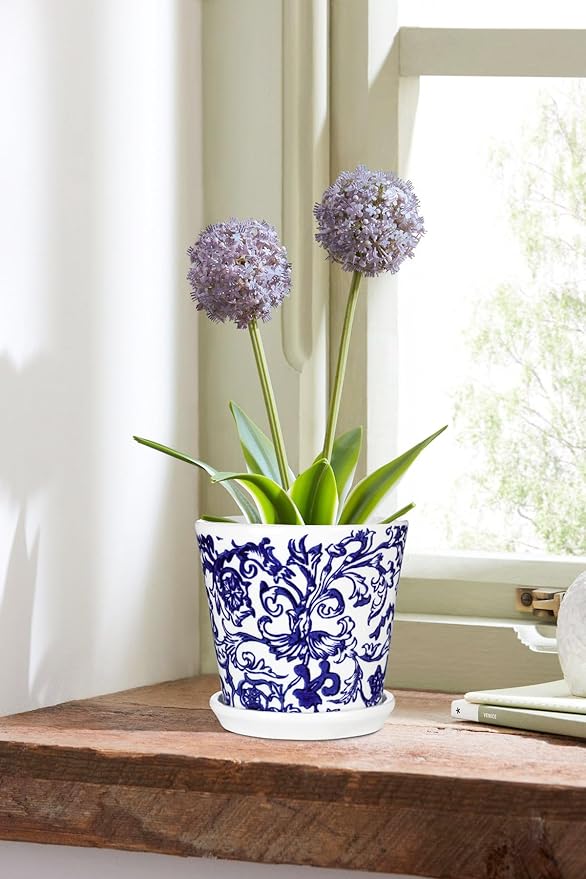 Blue and White Ceramic Planters Pots, Ceramic Flower Pots with Drainage Hole & Saucer, Indoor/Outdoor Ceramics Plant Pot for Succulents, Cactus, Flowers, Garden Home Tabletop Decor, 5+4 Inch Set of 2