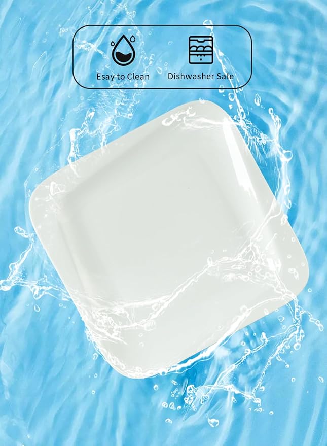 TAMAYKIM 7.3 Inch Porcelain Dessert Plates 10 Pieces, Appetizer Plates, Square Salad Dinnerware Sets, Scratch Resistant, Microwave, Oven and Dishwasher Safe, White