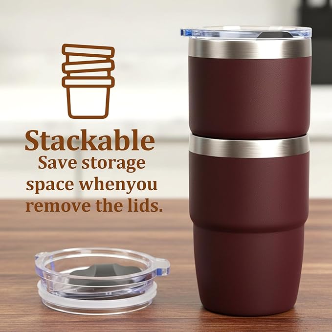 Zenbo 8 oz Stackable Espresso/Coffee Cups with Magnetic Lid, Ceramic-Lined 18/8 Stainless Steel Mini Tumblers, Double-Wall Vacuum Insulated & Dishwasher Safe for Travel & Office (Hot Pink-2 Pack)