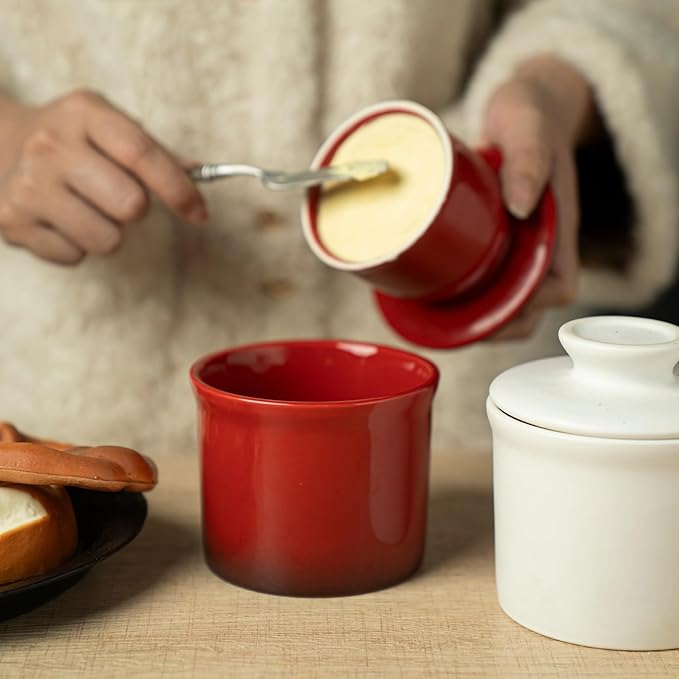 Stoneware Butter Crock with Lid, Ceramic Butter Dish with Water Line, Countertop Butter Keeper, Butter Holder for Countertop, Red Gradient