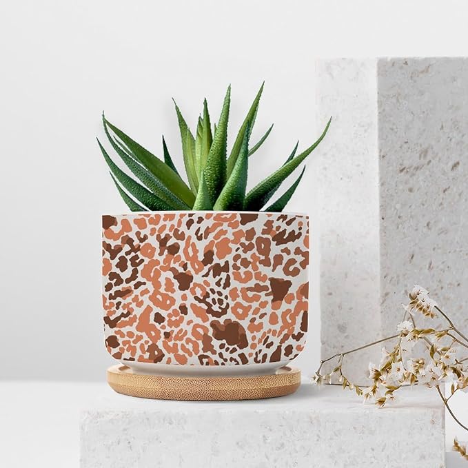 DreamAutumn Orange and Light Gray Leopard Ceramic Flower Pots,Gardening Plant Pot with Drainage Holes and Saucers Round Ceramic Pots for Indoor Plants Succulent Herbs Cactus Pots for Dad Papa Grandpa