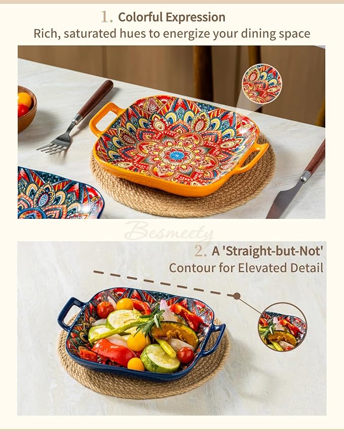 Besmeety Square Pasta Bowls with Handle, Boho Salad Serving Bowls Set of 2, Ceramic 7.09" Pasta Plates for Housewarming Present, Party (Orange+Blue)