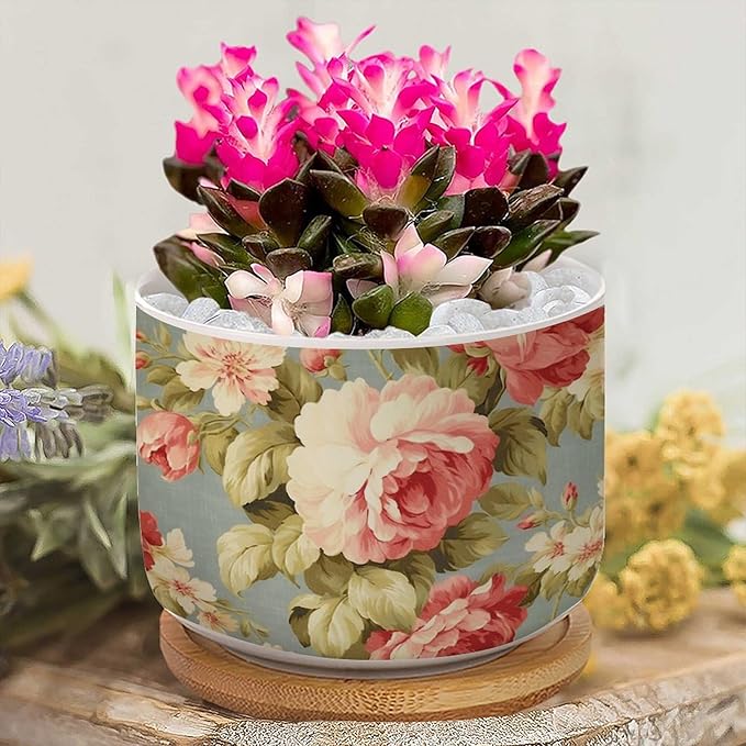 Pink Cabbage Roses Romantic Small Ceramics Planters Set of 2 Cottage Chic Antique Pink Flower Ceramics Pots for Plants Traditional Chinese Chinoiserie Cactus Planter for Indoor