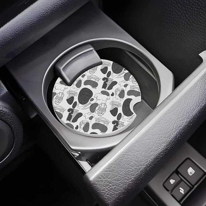 Modern Abstract Car Coasters Pack of 4 Grey Classical Ancient Greek Sculptural Heads Absorbent Ceramic Car Cup Holder Coaster Insert Drink Holder SUV Interior Accessory with Finger Notch