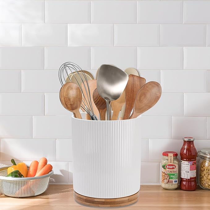 QUELIEN Utensil Holder, 360° Rotating Ceramic Kitchen Utensil Holder for Countertop, 7.7" Utensil Crock for Kitchen Counter with Rotatable Wooden Base,Ideal Housewarming Gift & Mothers Day Gift