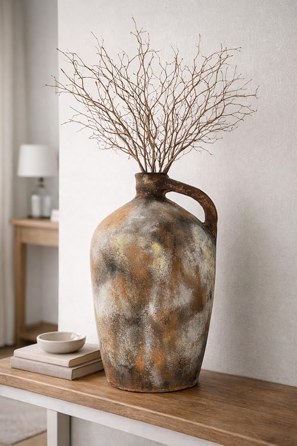 Zorvia Handcrafted 11-Inch Terracotta Jug Vase with Handle – Naturally Pigmented Rustic Earthen Clay Decorative Pot, Artisan Pottery Accent for Farmhouse, Living Room, Bedroom, Shelf & Table Décor