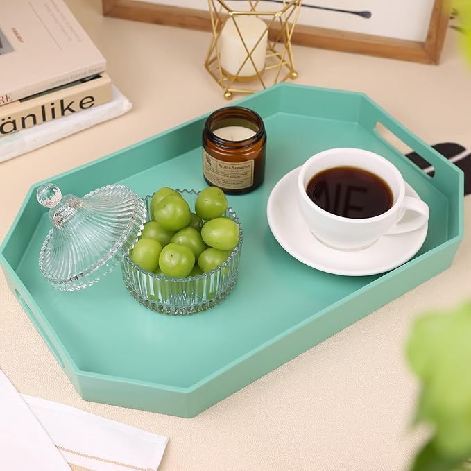 Green Octagonal Serving Tray with Handles for Coffee Table, Plastic Decorative Tray for Ottoman, Kitchen Counter, Living Room, Outdoor Lacquer for Entertaining