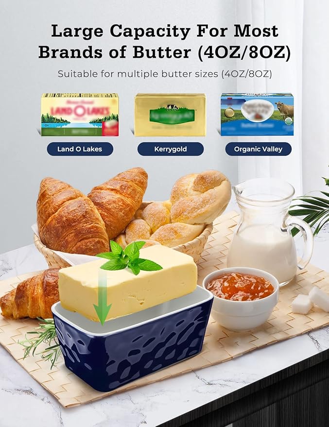 Butter Dish with Lid: Large Butter Dish for Countertop - Ceramic Butter Container with Knife Double Silicone Seal - Unique Stone Butter Dishes with Covers for Farmhouse Kitchen Decor Home Decor Blue