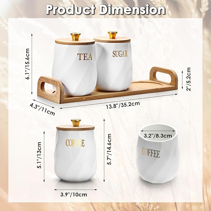 3 Pack Ceramic Canister Set with Bamboo Lids and Handle Tray, Coffee Tea Sugar Container Set, White Ceramic Storage Jar Kitchen Canister for Countertop