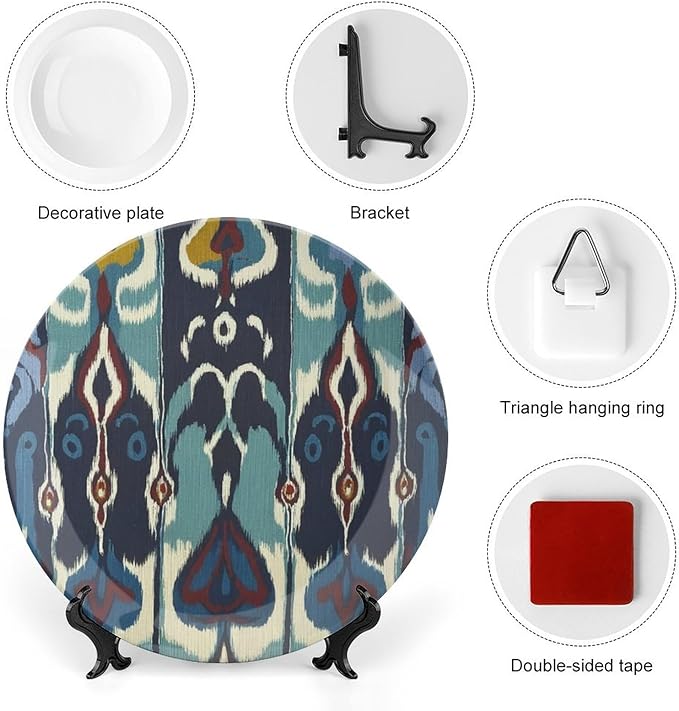 Ikat Indigo Blue Vintage Plates, Customize Wall Hanging Decorative Plate for Kitchen Farmhouse Table Decor, Unique Art with Stand Art Decorations for Home Art Decoration