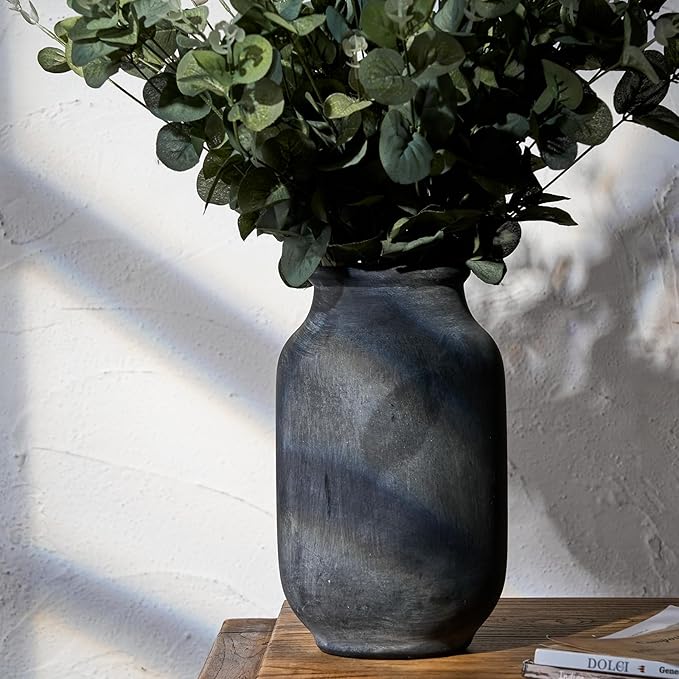 SIDUCAL Rustic Farmhouse Flower Vase | 9.5 Inch Large Ceramic Vase | Pampas Grass | Modern Farmhouse Decor for Home Decor, Table, Living Room Decoration, Shelf Decor, Mantel, Black