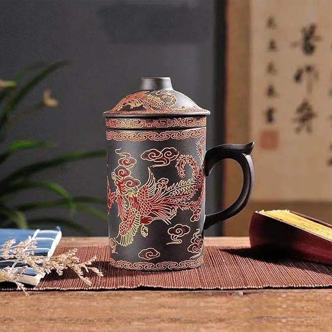 Ceramic Teacup, Chinese Hand Painted Purple Clay Tea Mug with Lid and Infuser, (13oz) Zisha Water Mug Drinkware for Office Home (black phoenix)