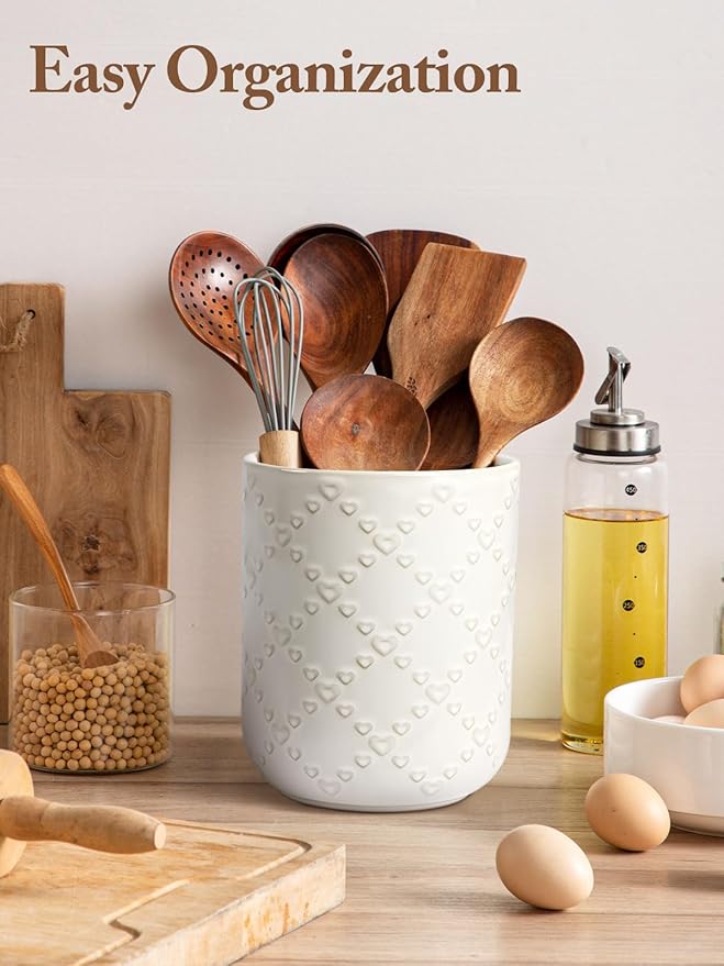 Kitchen Utensil Holder for Countertop, Ceramic Utensil Holder for Kitchen Counter, Set of 3, Kitchen Decor, Utensil Organizer for Spatulas and Spoons, Flower Arrangement and Storage for Coffee (White)