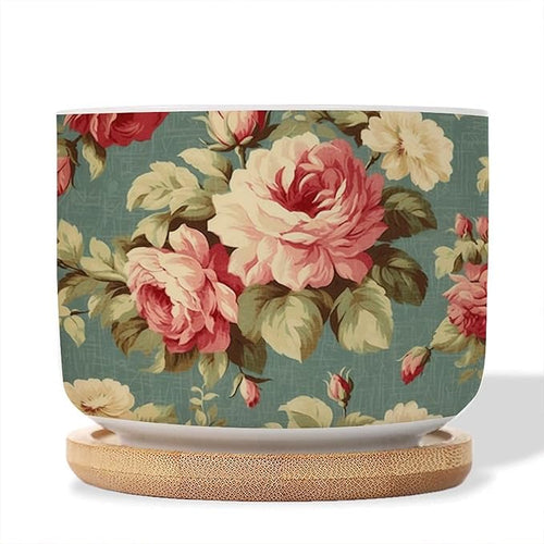 1 Piece Planters Ceramics Pink Cabbage Roses Romantic Small Ceramics Planter Cottage Chic Antique Pink Flower Ceramics Round Planter Asian Scenery Chinoiserie Plant Pot with Drainage