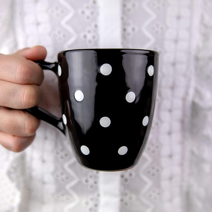 City to Cottage Ceramic Cappuccino Mug with Large Handle, 10oz Coffee Mug for Latte Hot Chocholate Tea, Daily Morning Dring at Home Office Work, Christmas Housewarming Gift Black and White Polka Dot