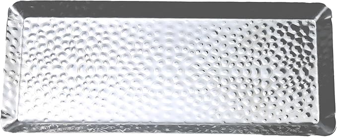 10x4inch Hammered Rectangular Tray, Stainless Steel Decorative Serving Tray, Silver Platter for Kitchen, Bathroom, Bar, Vanity Storage