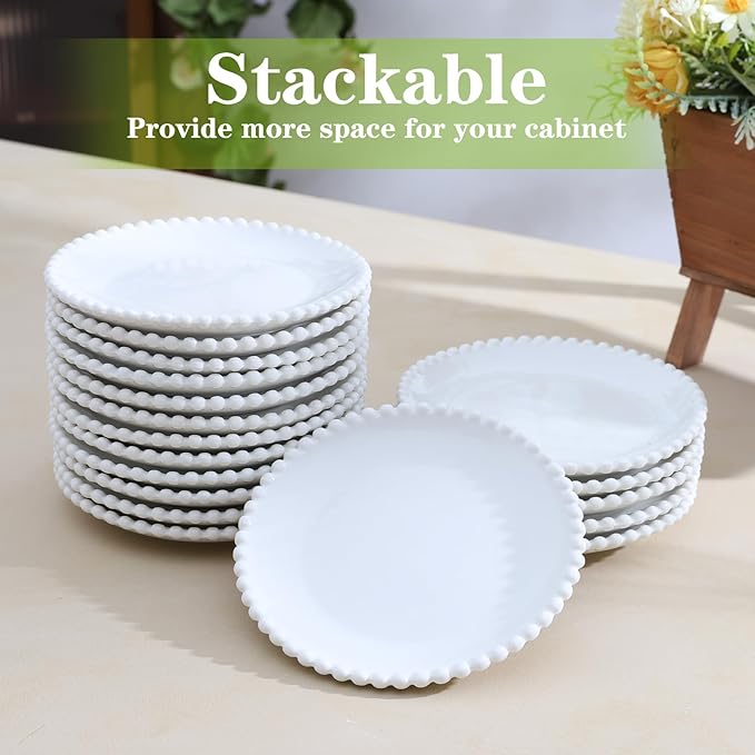 TAMAYKIM 5.5 Inch Porcelain Dessert Plates, Appetizer Plates, Round Small Dinnerware Sets, Scratch Resistant, Microwave, Oven, and Dishwasher Safe, White with Pearl Dots, Set of 12