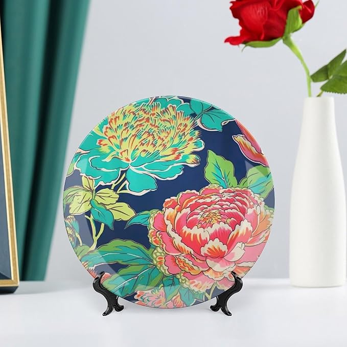 Navy Pink Chinoiserie Peony Floral Fashion Plates, Customize Chinoiserie Peony Floral Ceramic Hanging Decorative Plate, Festival Office Decorations Club, Including Bracket And Special Hook