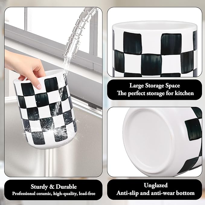 JarThenaAMCS Checkered Ceramic Utensil Holder Watercolor Black White Plaid Utensil Crock for Home Kitchen Countertop Storage Organizer, Set of 2