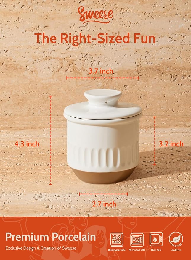 Sweese Embossed French Butter Crock with Water, Ceramic Butter Keeper with Lid for Countertop, Vintage White & Ochre Butter Dish, Dishwasher & Microwave Safe