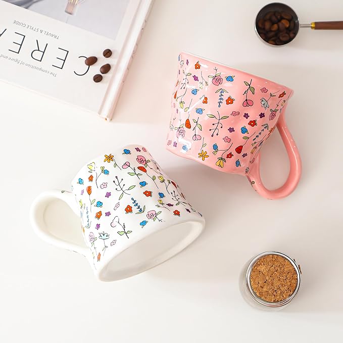 Mkour 16oz Large Ceramic Coffee Mugs, Handmade Big Tea Cups, Floral Design, Wide Bottom with Large Handle for Office and Home, Microwave and Dishwasher Safe (Pink)