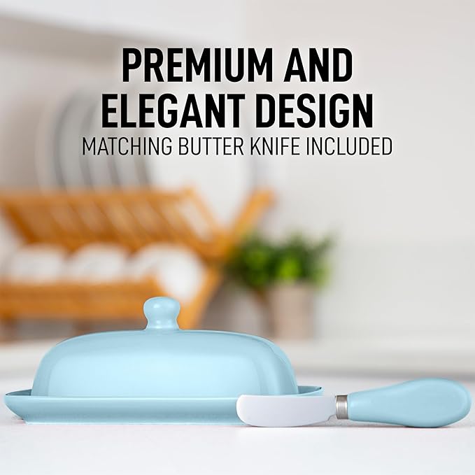 Zulay Kitchen Butter Dish With Lid For Countertop - Porcelain Blue, Ceramic Butter Dish with Knob Handle Great for Cooking - Elegant Design Butter Holder - Durable & Sturdy Butter Keeper - Light Blue