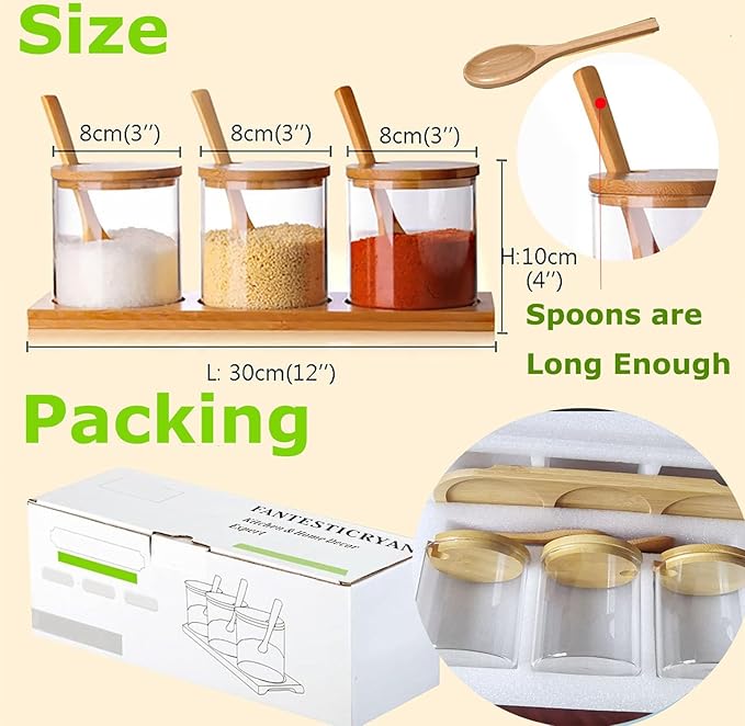 3 Pack Salt Container Clear Glass Spice Jar with Acacia Wooden Lid and Spoon, Condiment Containers with Lids Classic Style, Kitchen Storage Container