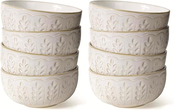 Artena Soup Bowls 32 OZ, Cereal Bowls Set of 4, White Embossment Ceramic Ramen Bowls for Dinner, Salad, Pho, Noodle, Pasta, Snacks, Dishwasher Microwave Safe, 6.3 Inch, Wheat Leaf (Pack of 2)
