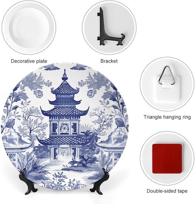 Fashion Plates Chinoiserie Blue Asian Pagoda Custom Decor for Housewarming Gifts Office Wedding Club Porcelain Dessert Plate Set Unique Art with Stand, Multi Sizes by Choosing, Gifts for Men Women