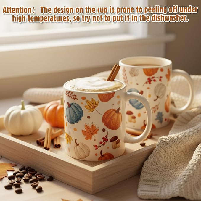 Sliner 11 oz Pumpkin Ceramic Coffee Mugs Set of 2 Thanksgiving Fall Cup Gifts Festive Tea Cup Autumn Holiday Birthday Gifts for Men Women
