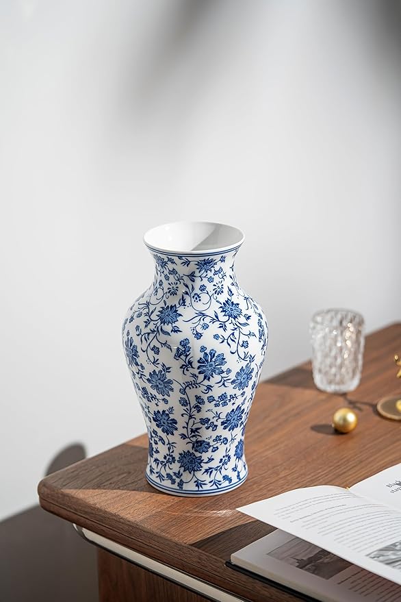Blue and White Porcelain Décor, Blue and White Vase, Blue Vase, Chinoiserie Vase, Blue and White Ginger Jar Vase for Home Decor,Flower Vase,11" H