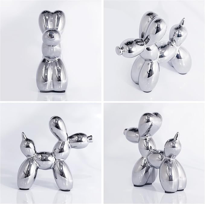 Creative Silver Balloon Dog Statues Small Ceramic Animal Sculpture Modern Home Decor Living Room Desktop Decorations Bedroom Office Cabinet Ornament (Silver)