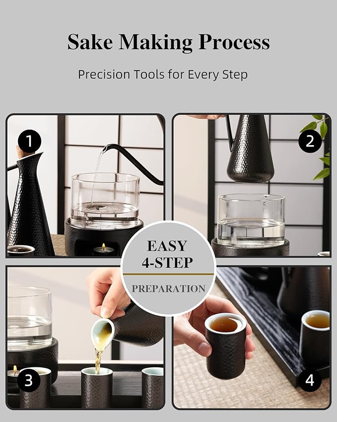 ZENS Sake Set with Warmer, 12 Ounce Embossed Ceramic Sake Bottle 6 Sake Cups and Glass Pot for Hot or Cold Japanese Sake, Black Sake Carafe Gift Sets with Cotton Towel