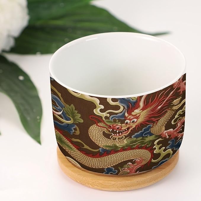 5 Piece Antique Chinoiserie Dragon Small Ceramics Pots for Plants Asian Style Chinoiserie Houseplant Pot for Succulent Dragon Gold Oriental Style Asian Ceramics Planters for Indoor