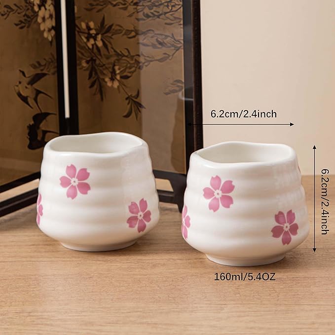 4pcs Japanese Tea Cup Set – 160ml 5.4OZ Ceramic Matcha Cup, Small Handless Espresso Cups, Cute Coffee Mugs for Valentine (Sakura)