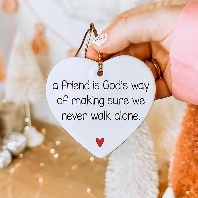 NGHYANA Christmas Tree Ornaments 2025 Heart Shaped Ceramic Ornament with Friendship Quote and Red Heart, Hanging Keepsake, 3.1 Inch