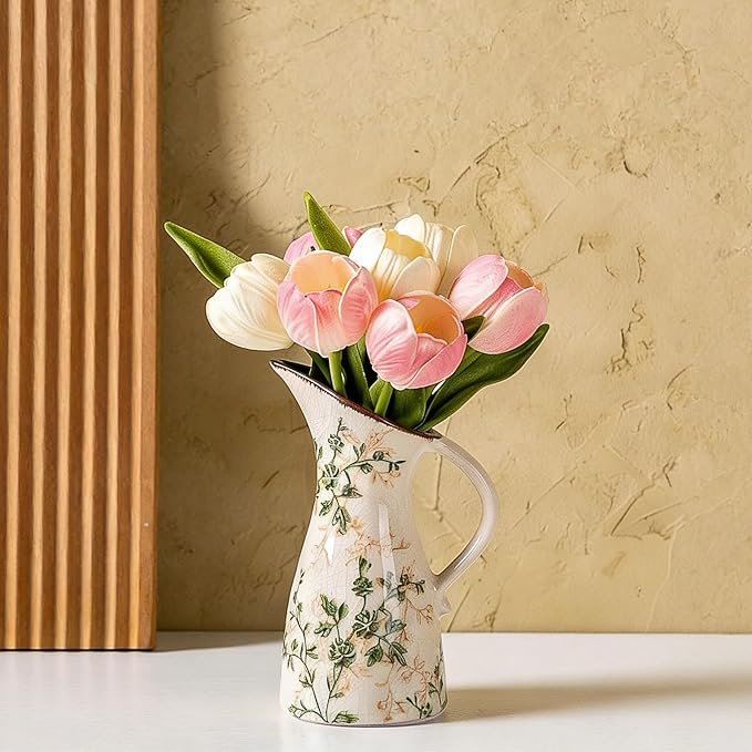 Green and Beige Pitcher Vase, Handcrafted Pastoral Ceramic Floral Vase, Vintage Farmhouse Flower Vase for Home Decor, Chinoiserie Tuscan Cottage Core Decor, Rustic Table Centerpiece 7.3 in