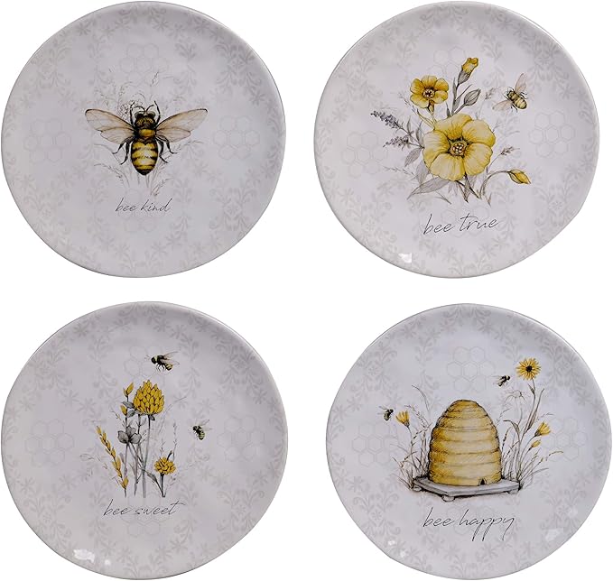 Bee Sweet 8.5" Ceramic Salad & Dessert Plates, Set of 4 – Assorted Bee & Floral Designs with Uplifting Sayings, Cottagecore Tableware for Spring, Brunch, and Everyday Dining