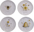 Bee Sweet 8.5" Ceramic Salad & Dessert Plates, Set of 4 – Assorted Bee & Floral Designs with Uplifting Sayings, Cottagecore Tableware for Spring, Brunch, and Everyday Dining