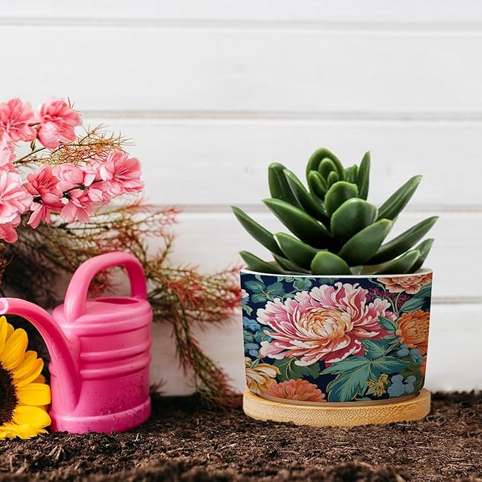 Bright and Chinoiserie Planter Ceramic Coral Peony Floral Round Flower Pot with Drainage Holes and Bamboo Tray Pot for Indoor Outdoor Garden