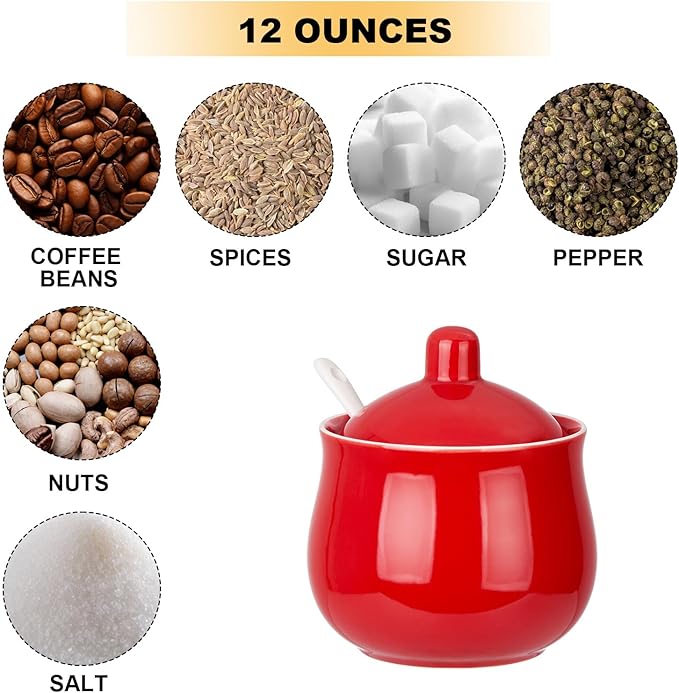 Ceramic Sugar Bowl with Lid and Spoon, Red Porcelain Sugar Salt Pepper Storage Jar, 12 Ounces