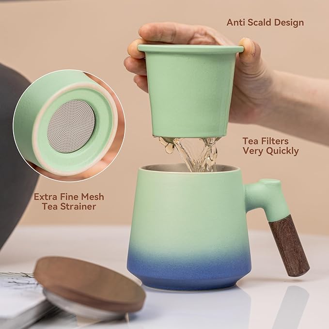 Ceramic Tea Mug with Infuser & Lid, 14oz Kiln-Transformed Unique Cup – Nature's Artisan Design, Loose Leaf Tea Cup with Infuser, Insulated Ceramic Coffee Mugs with Lid, Gift for Women/Men