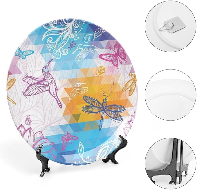 XISUNYA 7 Inch Decorative Plate, Dragonfly Round Porcelain,Beetle Dragonfly and Bird Shapes Over Geometrical Graphic Print Ceramic Wall Hanging for Home & Office Wall Hanging Decor
