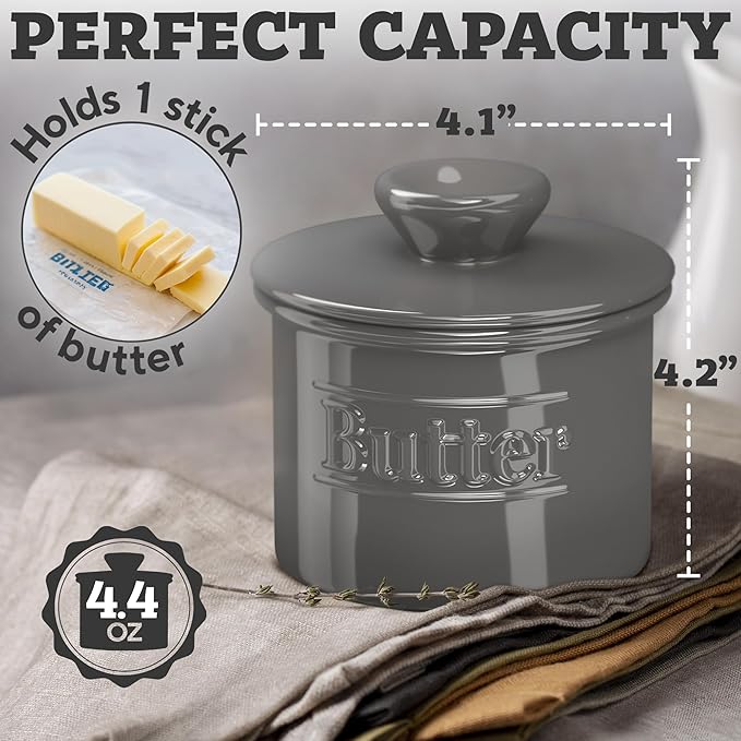 Premium Butter Crock with Lid - Original Design French Butter Dish - Beautiful Ceramic Butter Keeper for Counter with Water Line - Perfect to Keep Butter Soft and Spreadable, Gray