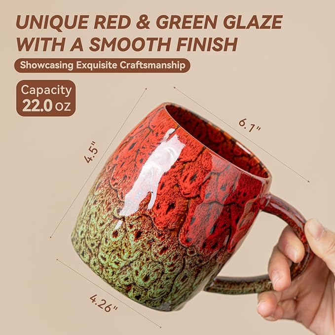 Unique 22OZ Ceramic Coffee Mug with Ergonomic Handle, Microwave & Dishwasher Safe – Red & Green Glazed Ceramic Mug – Gift for Coffee & Tea Lovers, Ideal for Office & Home Use